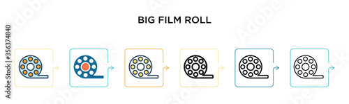 Big film roll vector icon in 6 different modern styles. Black, two colored big film roll icons designed in filled, outline, line and stroke style. Vector illustration can be used for web, mobile, ui
