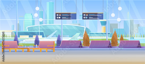 Airport lounge vector illustration. Cartoon flat modern inside interior view of empty waiting airline departure hall, room with seats chairs, runway with airplane in panoramic window background