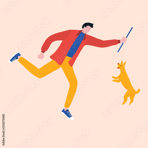 Man playing with dog with stick outdoors.