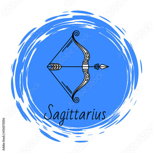 Sagittarius decorative design of mutable zodiac sign used for horoscopes and predictions. Isolated icon of ninth symbol of astrology. Element of archer with bow and arrow. Vector in flat style