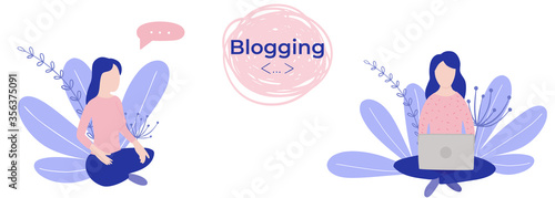 Video blogger, freelancer miniature people blogging a new content on website. Make review digital technology flat cartoon miniature illustration vector graphic on white background.