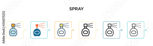 Spray vector icon in 6 different modern styles. Black, two colored spray icons designed in filled, outline, line and stroke style. Vector illustration can be used for web, mobile, ui