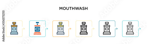 Mouthwash vector icon in 6 different modern styles. Black, two colored mouthwash icons designed in filled, outline, line and stroke style. Vector illustration can be used for web, mobile, ui