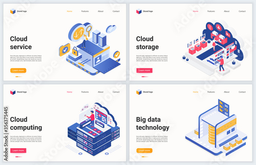 Isometric big data technology vector illustration set. Creative concept banner, interface website design with cartoon 3d tech datacenter service of cloud server storage, digital database hardware