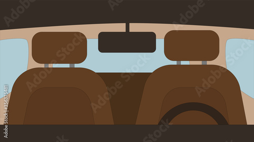 Car interior. View from inside of the car. Travel background. Car background. Automobile look. Cartoon car interior background