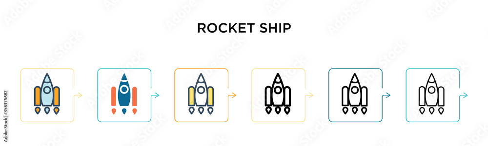 Rocket ship vector icon in 6 different modern styles. Black, two colored rocket ship icons designed in filled, outline, line and stroke style. Vector illustration can be used for web, mobile, ui Rocket ship vector icon in 6 different modern styles. Black, two colored rocket ship icons designed in filled, outline, line and stroke style. Vector illustration can be used for web, mobile, ui
