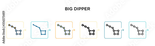 Big dipper vector icon in 6 different modern styles. Black, two colored big dipper icons designed in filled, outline, line and stroke style. Vector illustration can be used for web, mobile, ui