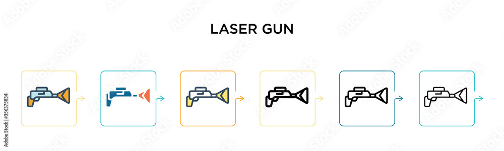 Laser gun vector icon in 6 different modern styles. Black, two colored laser gun icons designed in filled, outline, line and stroke style. Vector illustration can be used for web, mobile, ui Laser gun vector icon in 6 different modern styles. Black, two colored laser gun icons designed in filled, outline, line and stroke style. Vector illustration can be used for web, mobile, ui