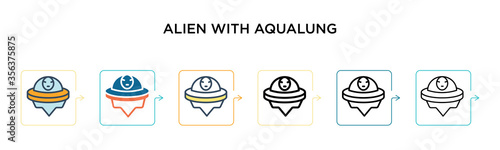 Alien with aqualung vector icon in 6 different modern styles. Black, two colored alien with aqualung icons designed in filled, outline, line and stroke style. Vector illustration can be used for web,
