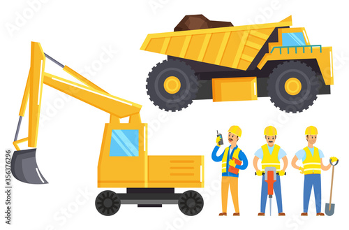 People working in mining industry. Three men, miners stand near lorry with raw and bulldozer. Yellow industrial vehicles used to transport earth or digging quarry. Vector illustration in flat style