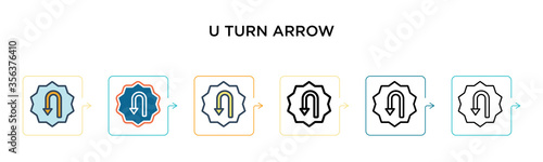 U turn arrow vector icon in 6 different modern styles. Black, two colored u turn arrow icons designed in filled, outline, line and stroke style. Vector illustration can be used for web, mobile, ui