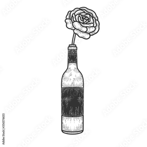 rose flower in a bottle of wine sketch engraving vector illustration. T-shirt apparel print design. Scratch board imitation. Black and white hand drawn image.