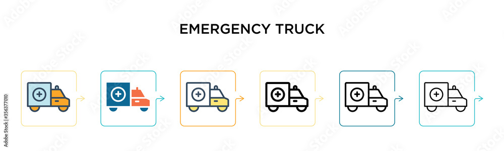 Emergency truck vector icon in 6 different modern styles. Black, two colored emergency truck icons designed in filled, outline, line and stroke style. Vector illustration can be used for web, mobile, Emergency truck vector icon in 6 different modern styles. Black, two colored emergency truck icons designed in filled, outline, line and stroke style. Vector illustration can be used for web, mobile,