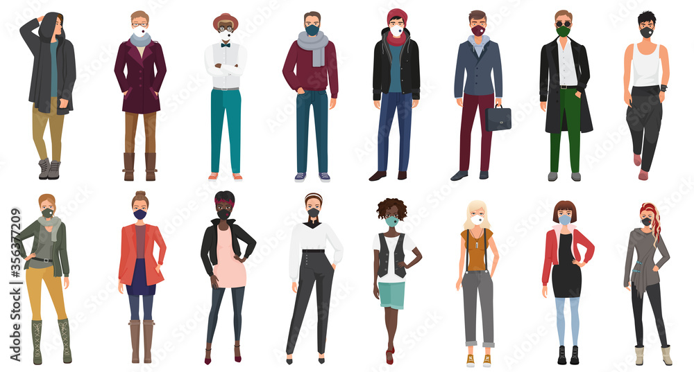 People models in stylish fashion clothes wearing face masks to prevent disease. Novel coronavirus 2019-nCoV, COVID-19. New style man and woman during pandemic time vector illustration.