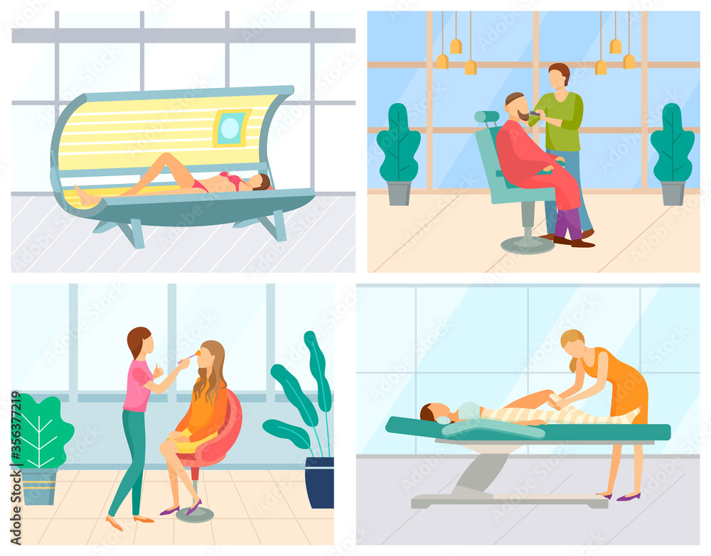 Girl tanning in solarium. Barber shaving and styling beard on his client . Cosmetic wrapping processes. Professional makeup artist in beauty salon vector Girl tanning in solarium. Barber shaving and styling beard on his client . Cosmetic wrapping processes. Professional makeup artist in beauty salon vector