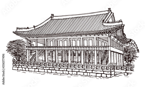 Vector sketch of Korean traditional palace. Hand drawn vector illustration isolated on white background. Monochrome outline.