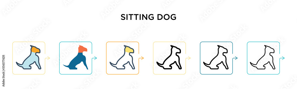 Sitting dog vector icon in 6 different modern styles. Black, two colored sitting dog icons designed in filled, outline, line and stroke style. Vector illustration can be used for web, mobile, ui