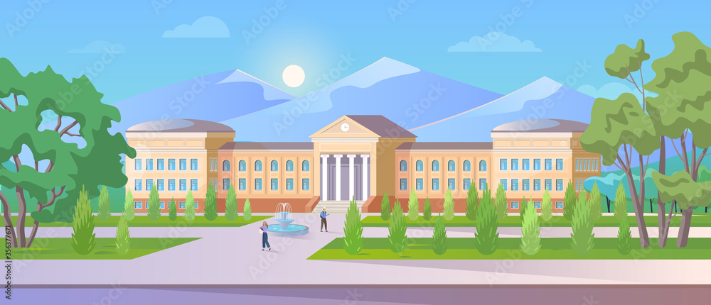 University building vector illustration. Cartoon 3d outside front view with high elementary school, college or academy university campus exterior and student people walking on street road background