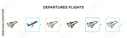 Departures flights vector icon in 6 different modern styles. Black, two colored departures flights icons designed in filled, outline, line and stroke style. Vector illustration can be used for web,
