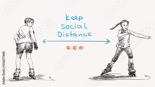 Keep social distance Covid-19 banner for children, Boy and girl are skating on skate rollers, Hand drawn vector illustration