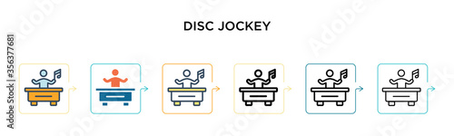 Disc jockey vector icon in 6 different modern styles. Black, two colored disc jockey icons designed in filled, outline, line and stroke style. Vector illustration can be used for web, mobile, ui