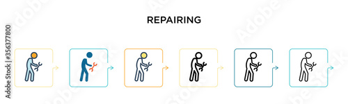 Repairing vector icon in 6 different modern styles. Black, two colored repairing icons designed in filled, outline, line and stroke style. Vector illustration can be used for web, mobile, ui