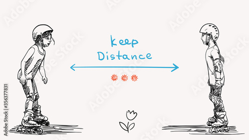 Keep social distance Covid-19 banner for children, Stop spread coronavirus. Two girls are standing on skate rollers, Hand drawn vector illustration
