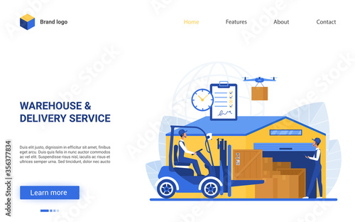 Warehouse delivery logistic service vector illustration. Cartoon flat website interface design for warehousing business company with worker loading boxes using loader near warehouse storage