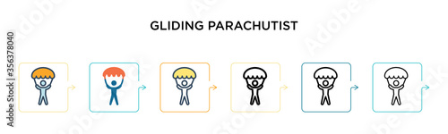 Gliding parachutist vector icon in 6 different modern styles. Black, two colored gliding parachutist icons designed in filled, outline, line and stroke style. Vector illustration can be used for web,