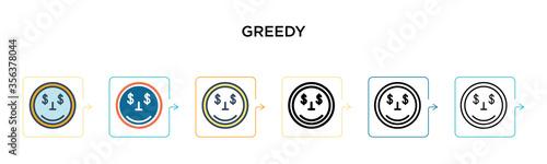 Greedy vector icon in 6 different modern styles. Black, two colored greedy icons designed in filled, outline, line and stroke style. Vector illustration can be used for web, mobile, ui