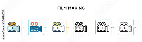 Film making vector icon in 6 different modern styles. Black, two colored film making icons designed in filled, outline, line and stroke style. Vector illustration can be used for web, mobile, ui