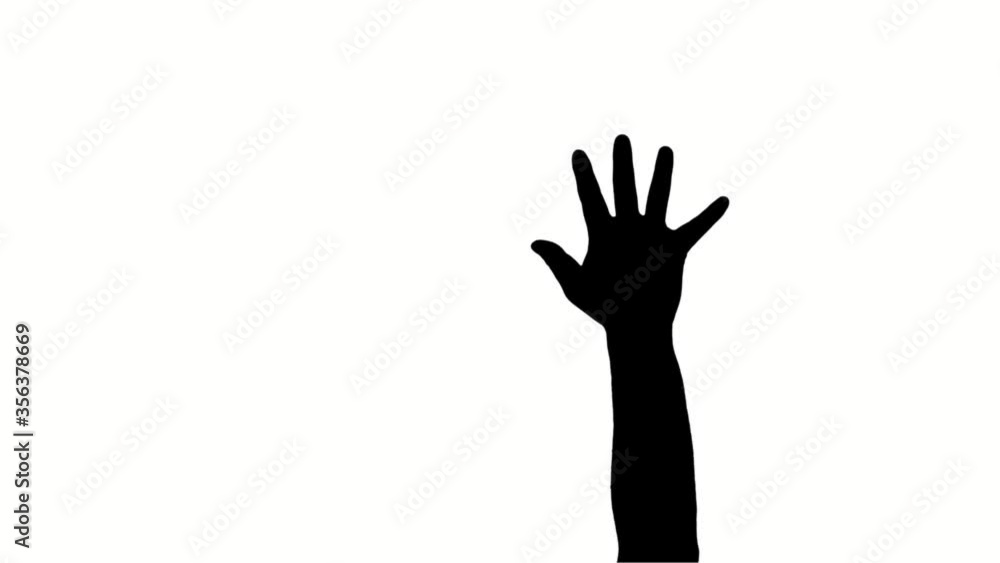close-up, man's spread fingers, palm, hand gesture, black silhouette on white background. Concept of protest art, struggle symbol, hope for help, fighting for rights close-up, man's spread fingers, palm, hand gesture, black silhouette on white background. Concept of protest art, struggle symbol, hope for help, fighting for rights