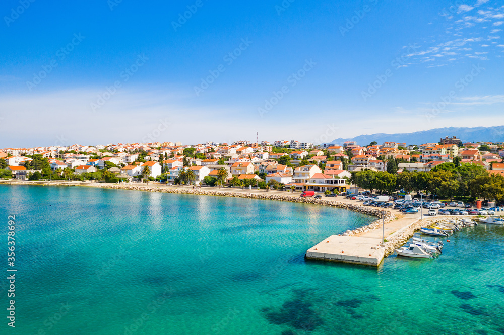 Croatia, beautiful Adriatic town of Novalja on the island of Pag, aerial view from drone