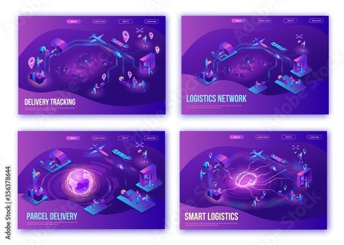 Isometric delivery service with truck at warehouse, landing page set, ui design template, smart logistics company illustration, shipment by plane, car, maritime transport, people receive parcel