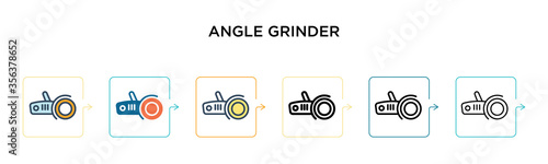 Angle grinder vector icon in 6 different modern styles. Black, two colored angle grinder icons designed in filled, outline, line and stroke style. Vector illustration can be used for web, mobile, ui