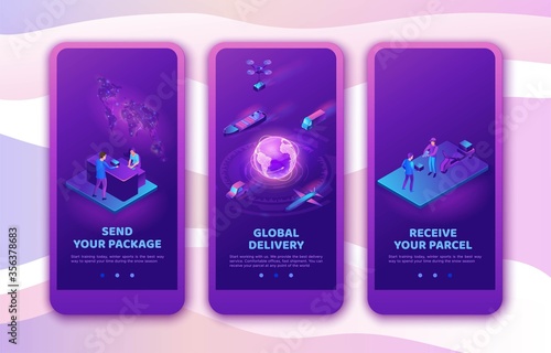 Isometric delivery service with truck at warehouse, mobile app template set, smart logistics company illustration, shipment by plane, car, by postal drone, people receive parcel at packstation