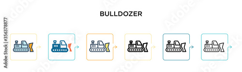 Bulldozer vector icon in 6 different modern styles. Black, two colored bulldozer icons designed in filled, outline, line and stroke style. Vector illustration can be used for web, mobile, ui