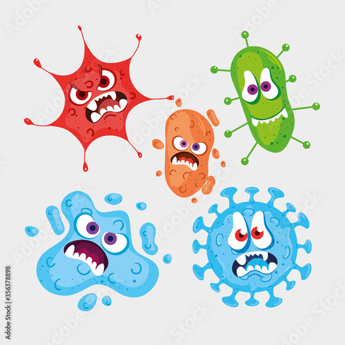 set cartoon covid 19 emoji, coronavirus emoticon with facial expression vector illustration design