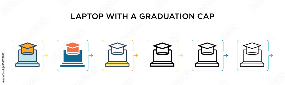 Laptop with a graduation cap vector icon in 6 different modern styles. Black, two colored laptop with a graduation cap icons designed in filled, outline, line and stroke style. Vector illustration can Laptop with a graduation cap vector icon in 6 different modern styles. Black, two colored laptop with a graduation cap icons designed in filled, outline, line and stroke style. Vector illustration can
