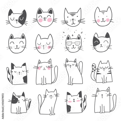Cute Cat Doodle style illustrations. Set of Funny hand drawn cats.