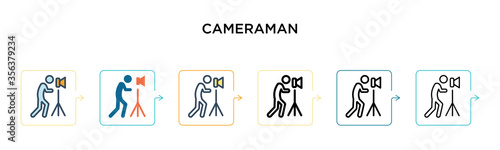 Cameraman vector icon in 6 different modern styles. Black, two colored cameraman icons designed in filled, outline, line and stroke style. Vector illustration can be used for web, mobile, ui