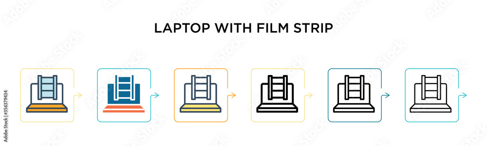 Laptop with film strip vector icon in 6 different modern styles. Black, two colored laptop with film strip icons designed in filled, outline, line and stroke style. Vector illustration can be used for Laptop with film strip vector icon in 6 different modern styles. Black, two colored laptop with film strip icons designed in filled, outline, line and stroke style. Vector illustration can be used for