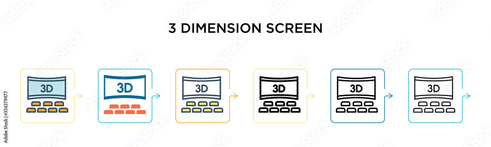 3 dimension screen vector icon in 6 different modern styles. Black, two colored 3 dimension screen icons designed in filled, outline, line and stroke style. Vector illustration can be used for web,