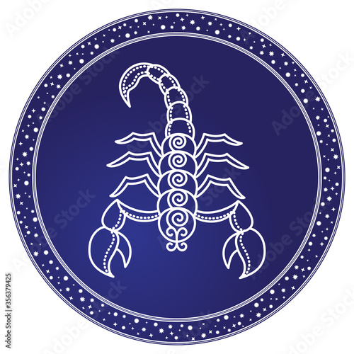 Scorpio zodiac sign decorative design for horoscope. Astrology symbol, isolated icon with scorpion in circle. November and october as ruling months of astrological element. Vector in flat style