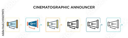 Cinematographic announcer vector icon in 6 different modern styles. Black, two colored cinematographic announcer icons designed in filled, outline, line and stroke style. Vector illustration can be