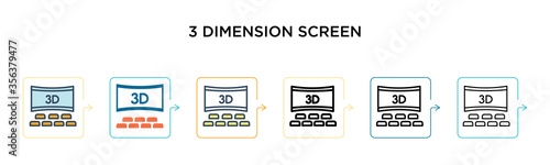 3 dimension screen vector icon in 6 different modern styles. Black, two colored 3 dimension screen icons designed in filled, outline, line and stroke style. Vector illustration can be used for web,