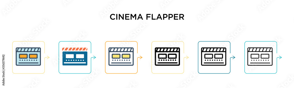 Cinema flapper vector icon in 6 different modern styles. Black, two colored cinema flapper icons designed in filled, outline, line and stroke style. Vector illustration can be used for web, mobile, ui Cinema flapper vector icon in 6 different modern styles. Black, two colored cinema flapper icons designed in filled, outline, line and stroke style. Vector illustration can be used for web, mobile, ui