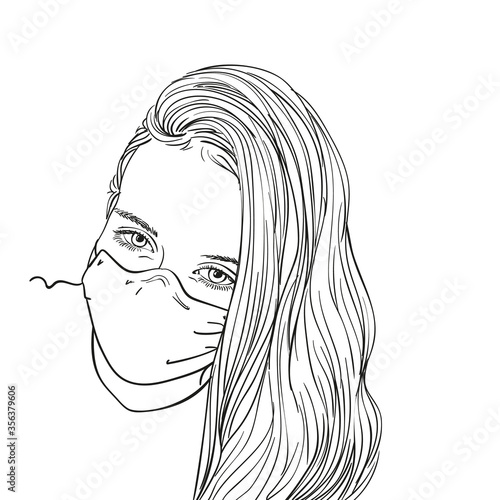 Sketch of preteen girl portrait in medical face mask and with long hair, Vector hand drawn illustration