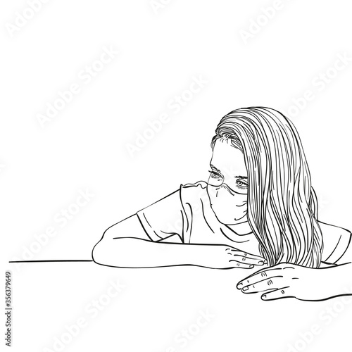 Sketch of preteen girl portrait in medical face mask and with long hair sitting behind desk, Vector hand drawn illustration