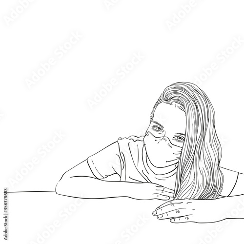 Sketch of preteen girl portrait in medical face mask and with long hair sitting behind desk, Vector hand drawn illustration